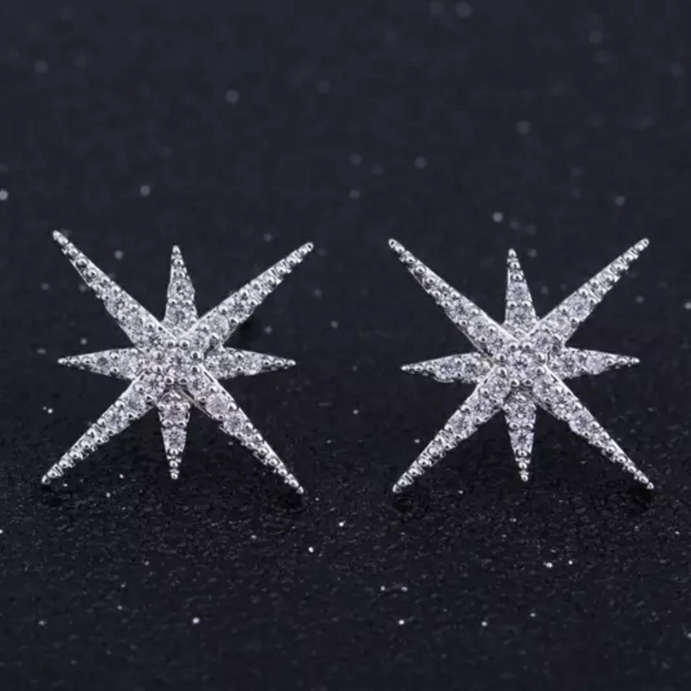 Silver Diamond Star Stud Earrings ear ring - Picture 5 of 6